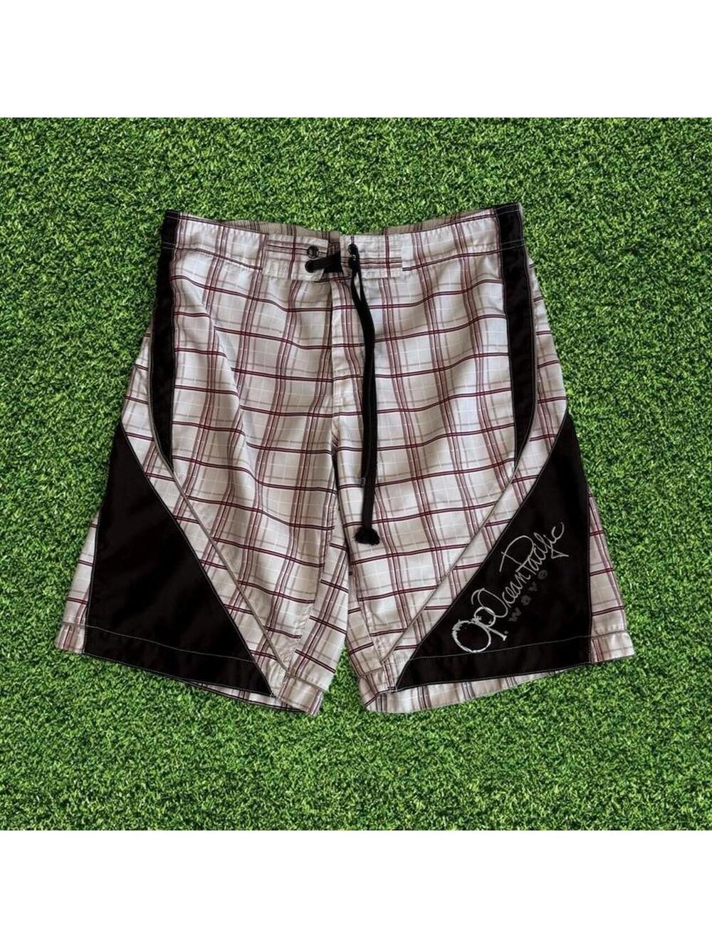 Vintage Ocean Pacific Plaid Shorts White Brown Red Black Side Panels M